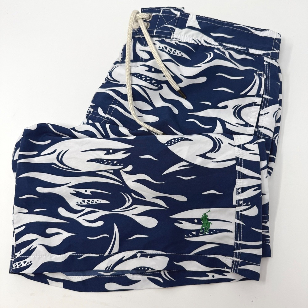 Polo Ralph Lauren Mens Shark Print Swim Trunks Navy Blue White Small 8" Inseam